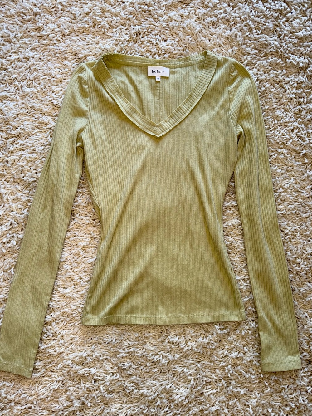 bohme Olive Green Ribbed V-Neck Long Sleeve Tee